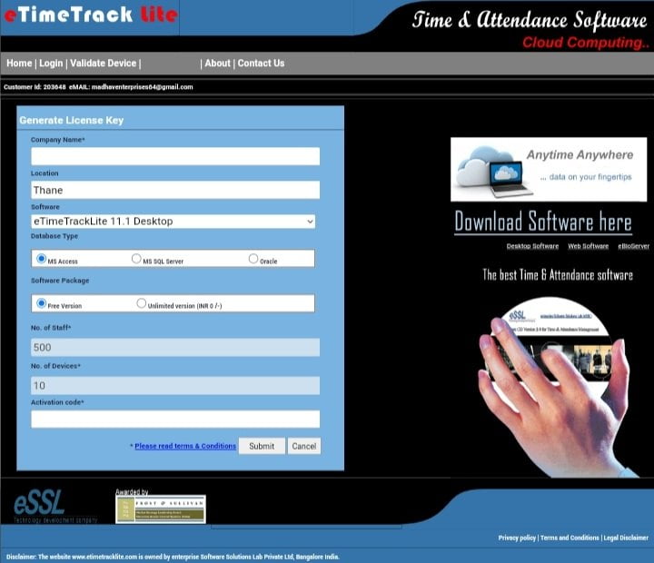 eTimetracklite Web Software Key Generation