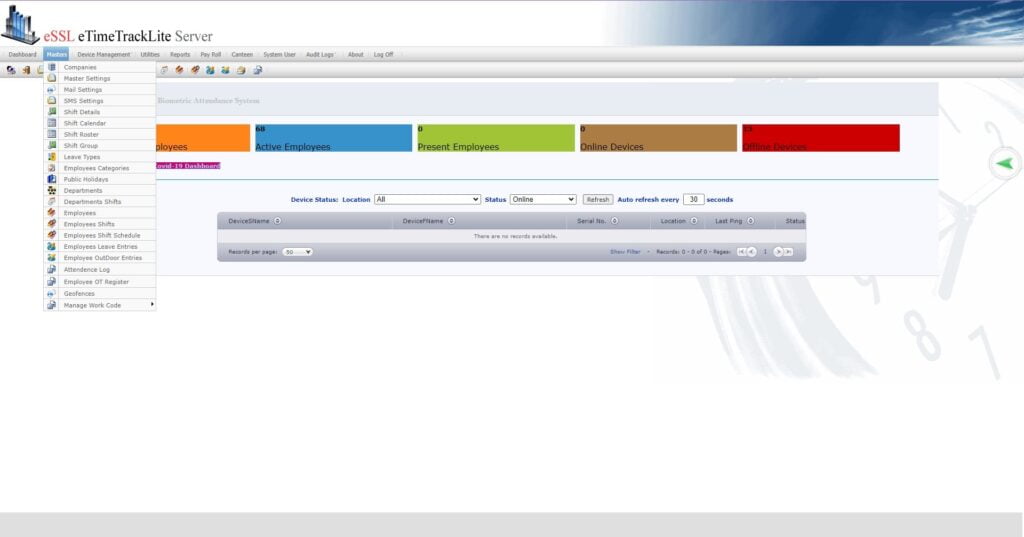eTimetracklite Web Software Master Menu