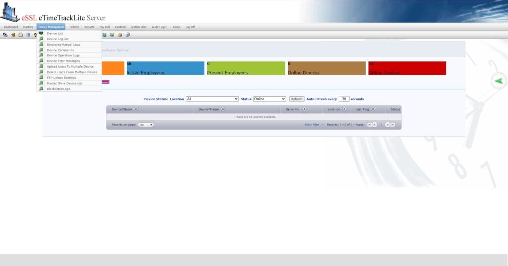 eTimetracklite Web Software Device List